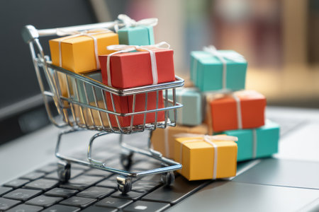 A shopping cart filled with vibrant boxes sits on a keyboard, highlighting the excitement of online shopping as customers prepare to complete their purchases.の素材