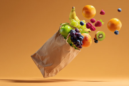 Fruits including bananas, grapes, and oranges spill out of a grocery delivery bag in midair, creating a vibrant display against a warm colored backdrop.の素材
