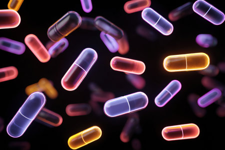 Neon capsules glow against a dark medical backdrop, symbolizing artistic advancements in health, wellness, and pharma innovation.の素材