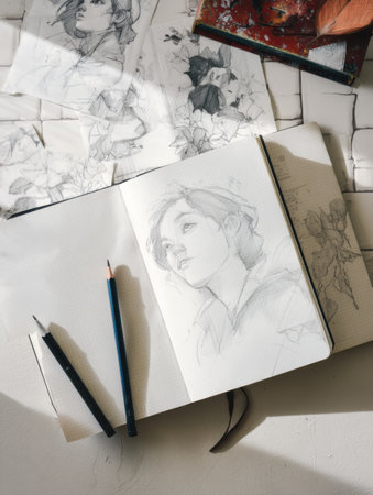 Open sketchbook showcases unfinished graphite drawings, revealing an artists creative process alongside pencils and other sketches in a workspace.の素材