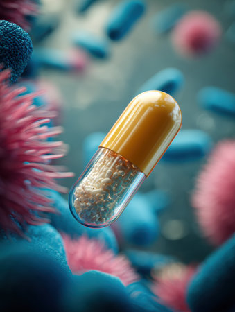 An antibiotic pill capsule is suspended amid colorful resistant bacteria, showing the ongoing battle between medicine and microbial resistance.の素材