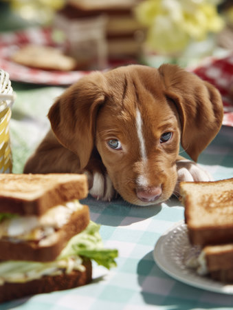 A playful puppy sneaks a sandwich during a summer picnic, surrounded by delicious food and bright decorations, creating a fun and memorable moment.の素材