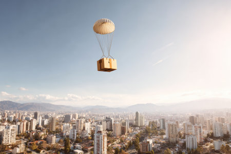 A cardboard box floats gracefully from the sky attached to a parachute, hovering above a bustling city skyline under a bright blue sky.の素材