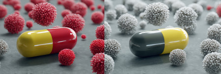 Pill capsule in vibrant colors sits among clusters of resistant bacteria, illustrating the struggle against antibiotic resistance in healthcare settings today.の素材