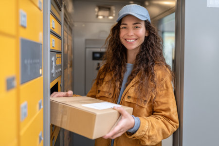 Smiling customer pulls a box from an open delivery locker, enjoying the convenience of package pickup at a local collection point during the day.の素材