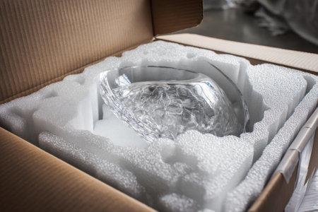 Delicate glass object is snugly packed within foam cushioning inside a cardboard box, ensuring protection during shipping.の素材