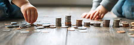 Two children are sitting on the floor, focused on counting and organizing coins, aiming to gather enough money to buy groceries for their family.の素材
