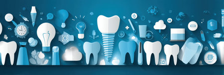 Bright blue background features various dental icons and a prominent implant illustration at the center, emphasizing the importance of dental health.の素材