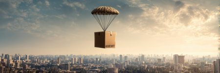 A cardboard box descends slowly with a parachute, hovering above a bustling cityscape under a soft, golden sky during the evening.の素材
