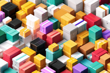 A bustling delivery hub showcases a vast array of colorful packages meticulously arranged in an isometric layout, indicating active shipping operations.の素材