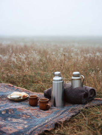 Enjoy a serene picnic on a misty morning in a tranquil field, featuring thermoses of coffee and a cozy blanket laid out among soft grass.の素材