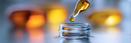 A glass dropper with liquid is poised above a container while colorful capsules are softly blurred in the background, creating a tranquil atmosphere.の素材