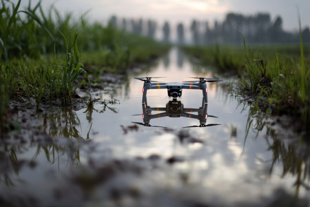 A courier drone hovers above a reflective puddle in a green field during dawn, showcasing the serene atmosphere of the early morning sky.の素材