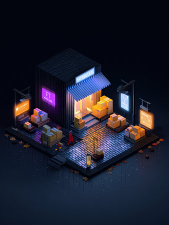 A glowing online store features illuminated signs, stacked parcels awaiting pickup, and a vibrant atmosphere under a nighttime sky.の素材