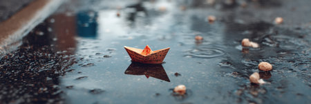 A delicate paper boat floats through a puddle, transporting a small package as raindrops create ripples on the surface, evoking a whimsical adventure.の素材