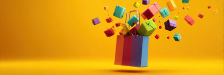 Brightly colored parcels surround a striped shopping bag, creating a dynamic interaction that showcases the excitement of shopping and gifting.の素材