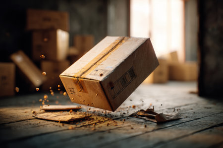 A slow-motion shot shows a box opening in a dim warehouse, parcels falling to the wooden floor and creating an immersive atmosphere.の素材