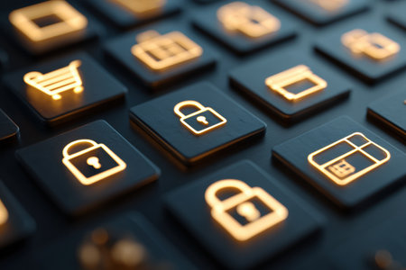 Modern secure online payment system highlights glowing lock and package icons, emphasizing safety and trust for seamless digital transactions.の素材