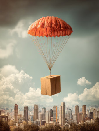 A cardboard box gently floats down with a parachute above a bustling city, showcasing tall buildings and a clear sky filled with clouds.の素材