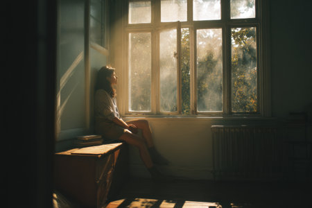A girl sits peacefully by a window, lost in thought as the sun streams in, creating a warm and dreamy atmosphere while waiting for a courier to arrive.の素材