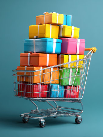 A shopping cart filled with vibrant gift boxes in various colors sits on a checkout page, signifying the joy of online shopping and surprise gifts.の素材