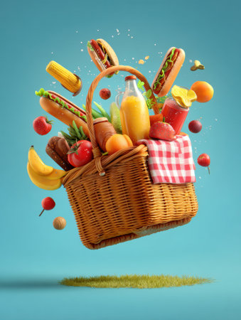 At a sunny picnic spot, a cheerful basket hovers while various foods joyfully bounce in the air, creating a festive and inviting atmosphere for a gathering.の素材