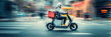 A delivery scooter navigates the bustling city streets, showcasing its speed as the courier efficiently maneuvers past buildings and traffic.の素材