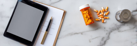 Prescription pad, a pen, and a bottle of medication carefully placed on a marble surface, ideal for clinical documentation and patient care.の素材