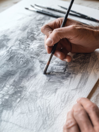 Close-up showcasing a skilled hand creating a charcoal drawing on textured white paper, emphasizing the precision and artistry involved in the process.の素材