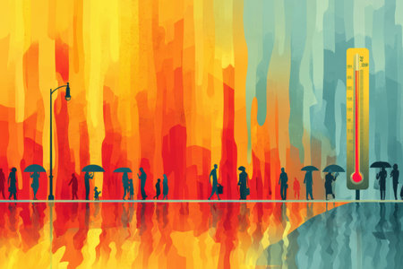 Crowd walks under umbrellas on melting asphalt as a digital thermometer signals extreme heat, highlighting the surreal impact of the ongoing heatwave.の素材