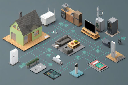 Digital representation of a smart home ecosystem with various connected devices highlighting integration and functionality for modern living.の素材