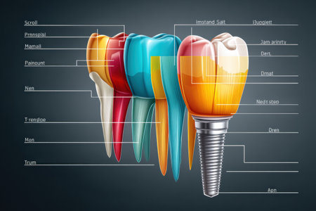 This visual showcases detailed tooth anatomy, highlighting various parts labeled around a central dental implant screw for educational purposes.の素材