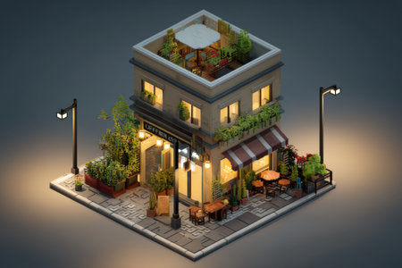 Charming isometric coffee shop sits at an urban corner, radiating sunset vibes filled with warmth and inviting outdoor seating surrounded by greenery.の素材