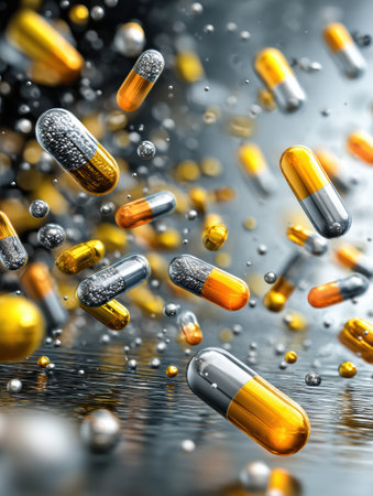 Floating antibiotic capsules are seen bouncing off bacteria while metallic shields protect them, demonstrating a unique interaction in a vibrant setting.の素材