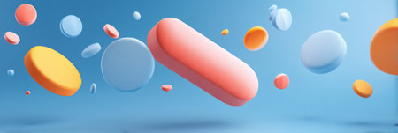 Floating tablets in various colors create an eye-catching display, illustrating the creativity and innovation of a pharmaceutical brand concept.の素材