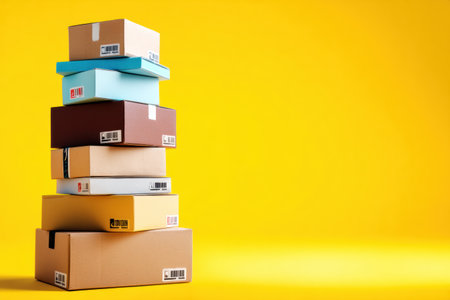Colorful shipping boxes in various sizes stand against a vibrant yellow background, ideal for shipping and storage solutions.の素材