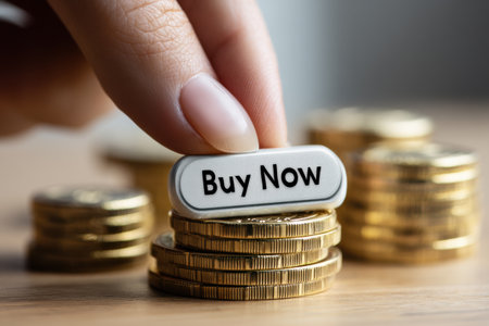 A hand reaches for the Buy Now button while coins float nearby in a stylish home office setting during daylight hours, signaling a purchasing decision.の素材