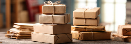 Parcel stacks await shipment during the holiday season, showcasing efficient organization and preparation in a shipping hub filled with energy.の素材