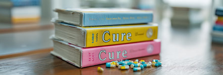Brightly colored books titled Cure are stacked on a wooden table with a variety of pills scattered nearby, creating a contrast in the modern space.の素材
