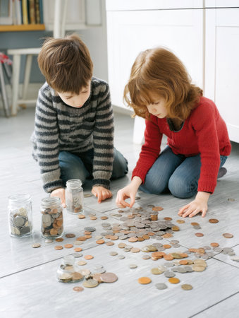 Two children sit on the floor of a bright kitchen, intently counting coins spread out in front of them while jars are filled with savings nearby.の素材