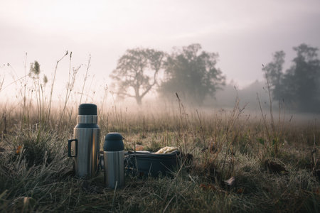 Enjoying a peaceful morning picnic in a misty field, surrounded by nature while sipping warm coffee from a thermos as the day begins.の素材