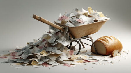 A wheelbarrow of money beside an overpriced loaf of bread symbolizes currency devaluation in a striking way.の素材
