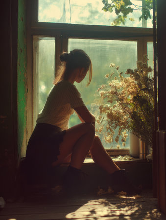 A girl sits by a sunlit window, lost in thought and waiting for a courier, surrounded by blooming flowers and soft morning light.の素材