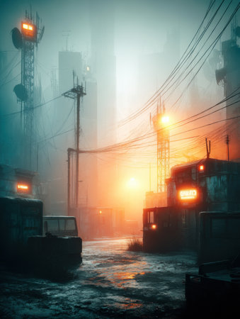 In a futuristic cityscape, steel towers loom over abandoned streets, as neon lights flicker against a foggy backdrop, highlighting the technological divide.の素材