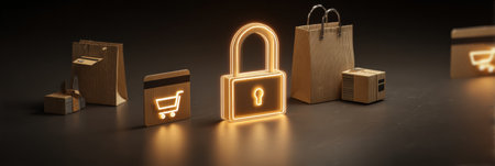 Visuals showcase a secure online payment concept with glowing lock symbols and package icons arranged on a dark surface, emphasizing safety in e-commerce.の素材