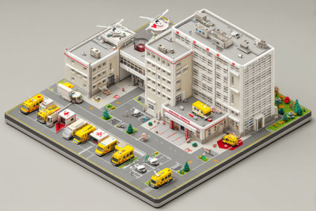 This isometric view showcases a hospital complex complete with ambulance bays, helipads, and multiple medical buildings designed for emergency services.の素材