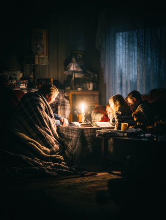 Bundled in blankets, a family enjoys time together by candlelight in their dim living room to save energy, with an electricity bill on the table.の素材
