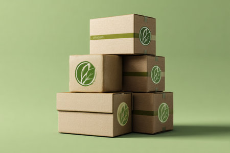Stacked eco-friendly parcels feature a green delivery logo, emphasizing sustainability and environmentally conscious shipping practices in a modern setting.の素材