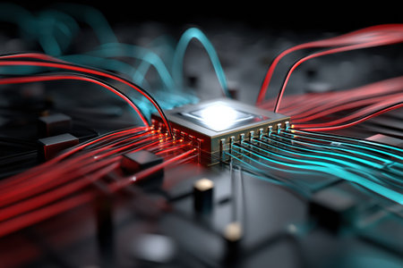 Vibrant red and blue cables connect to a central AI chip, illustrating a dynamic struggle for control within an intricate electronic setup.の素材