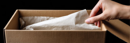 A hand is gently opening a kraft box filled with soft paper filler, showing the interior materials for packaging and presentation purposes.の素材